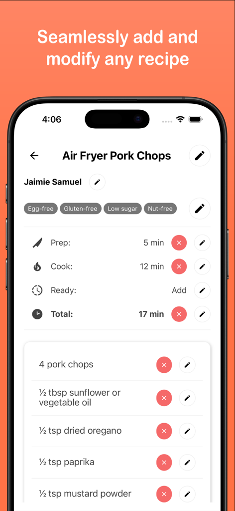 Pocket Cookbook - A mobile interface showing the edit recipe screen for Air Fryer Pork Chops with timing and ingredients