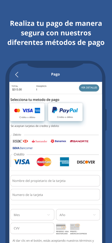 CostaLine - Rutas en Autobus - Pantalla de pago seguro mostrando múltiples opciones de tarjetas de crédito y bancos para la reserva de boletos de autobús