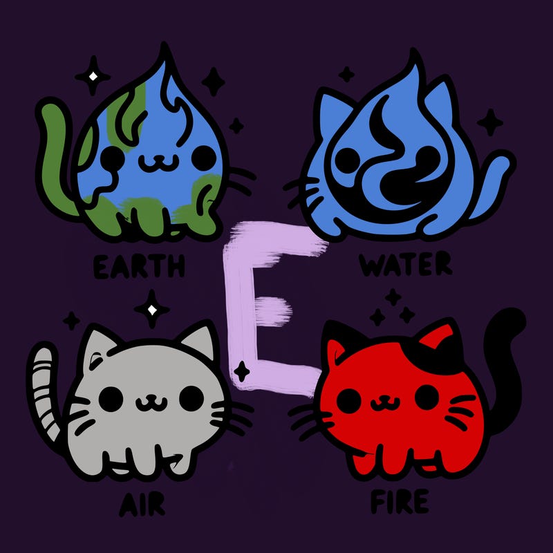 4 cats that represent the different elements, earth, water, air, and fire
