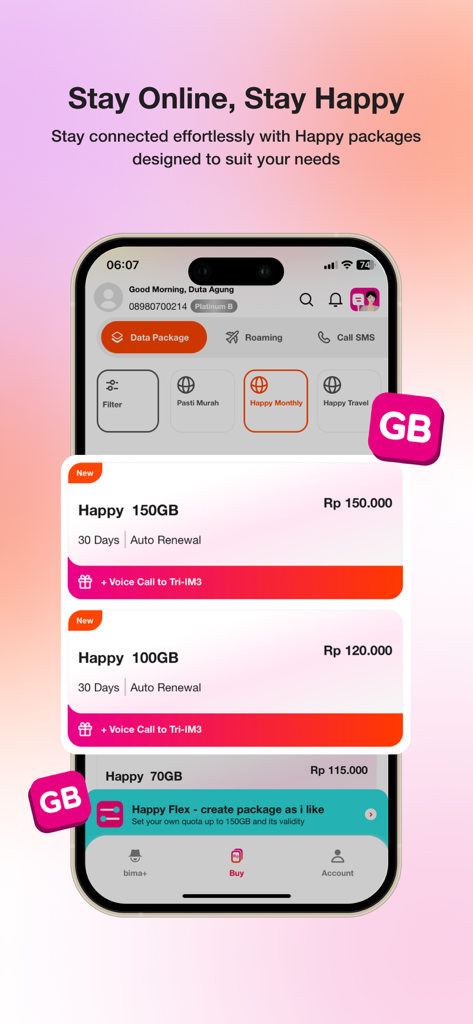 bima+ - Smartphone screen showing bima plus app with various Happy data package options for Indosat users