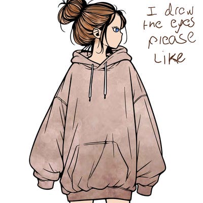 realistic girl with a oversized sweatshirt on and a bun
