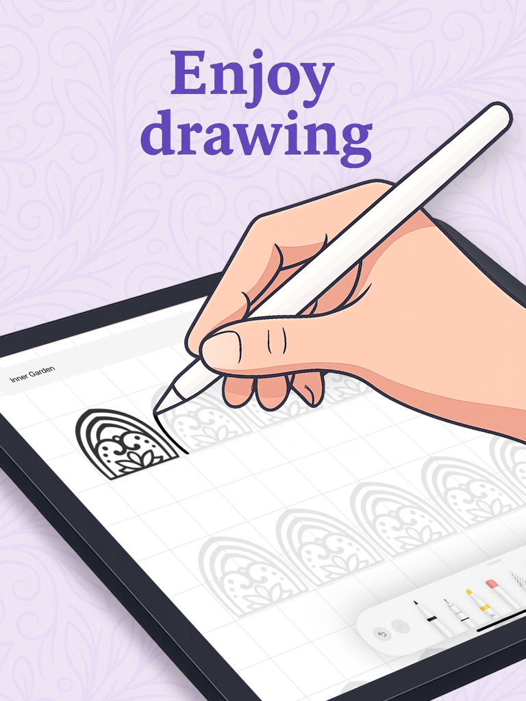 Mandala Art Coloring Patterns - Main dessinant des motifs de mandala complexes sur un iPad avec un Apple Pencil