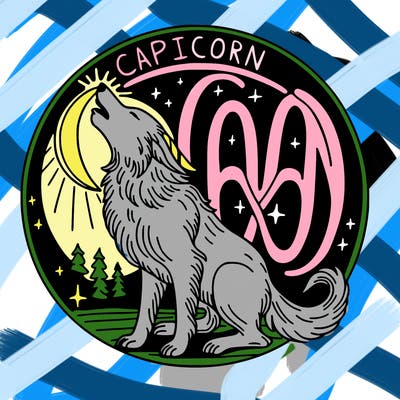 capricorn sign in the middle of a large circle with a wolf howling at the moon and the word odín