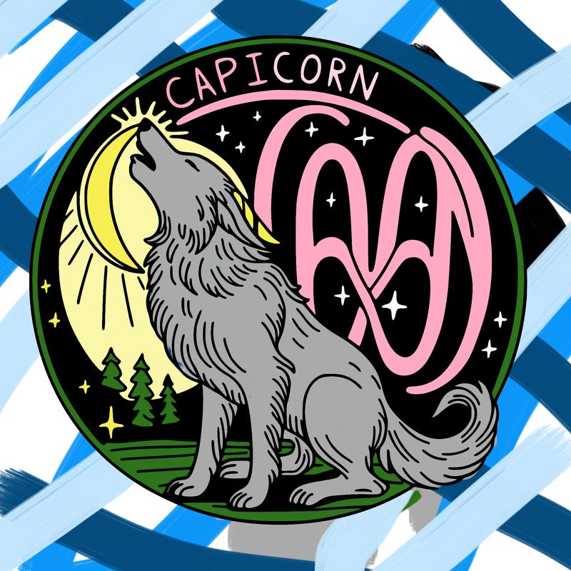 capricorn sign in the middle of a large circle with a wolf howling at the moon and the word odín
