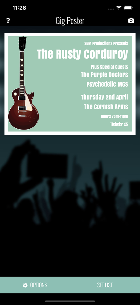 Superstar Band Manager - Un cartel de concierto para una banda llamada The Rusty Corduroy en el juego Superstar Band Manager.