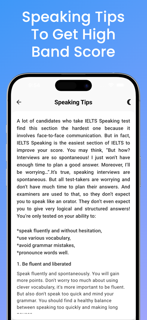IELTS Speaking Prep 2026 - A screenshot from the IELTS Speaking Prep 2026 app showing expert tips to achieve a high band score in the speaking section.