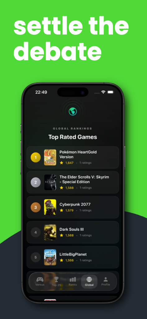 Versus: Game Rankings - Interface móvel do aplicativo Versus mostrando classificações globais dos jogos mais bem avaliados, incluindo Pokemon e Skyrim