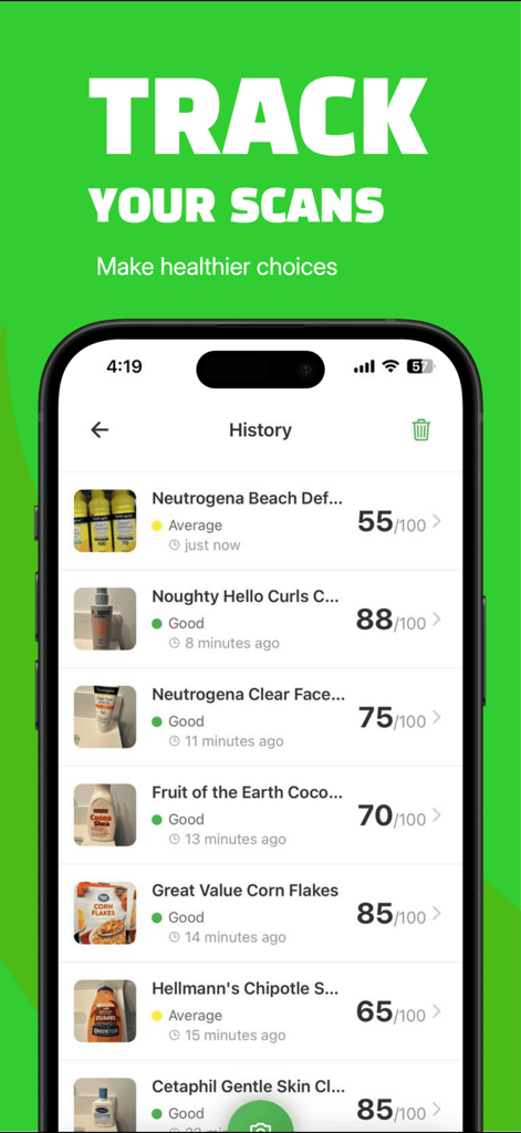 Reveal it - Product Scanner - A history screen of the Reveal it app displaying health scores and risk assessments for scanned food and cosmetic products