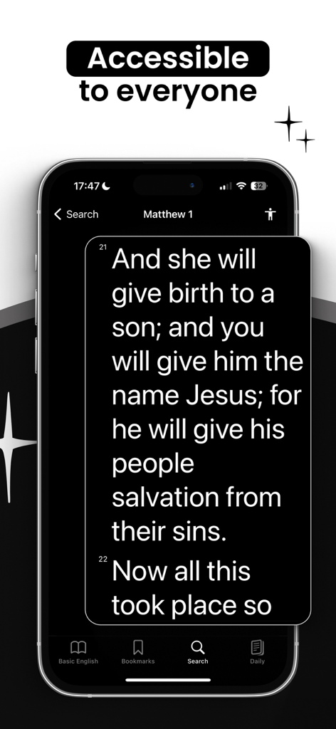 Bible: Chat, Widgets, Audio - iPhone screen showing the Bible app with a large font size for improved accessibility