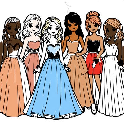 group of teenage girls in prom dresses
