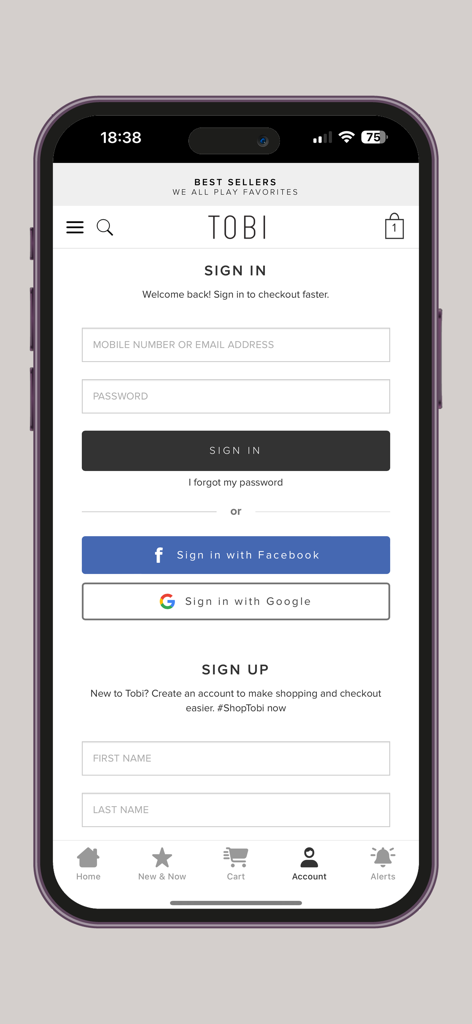 Tobi - Tobi fashion app sign in and registration page on a smartphone.