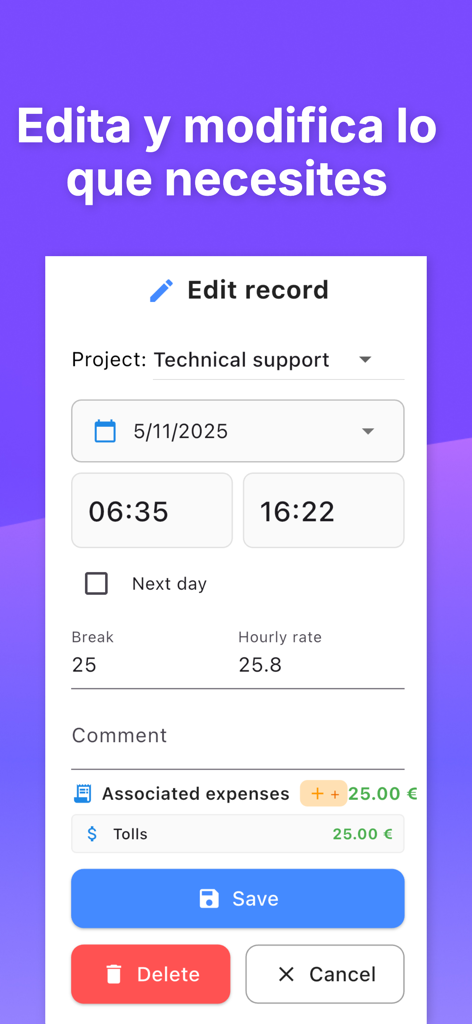 WorkTime: Hours Tracker Log - Interfaz que muestra la pantalla de edición de registros con campos de seguimiento de tiempo y gastos asociados en la aplicación WorkTime.