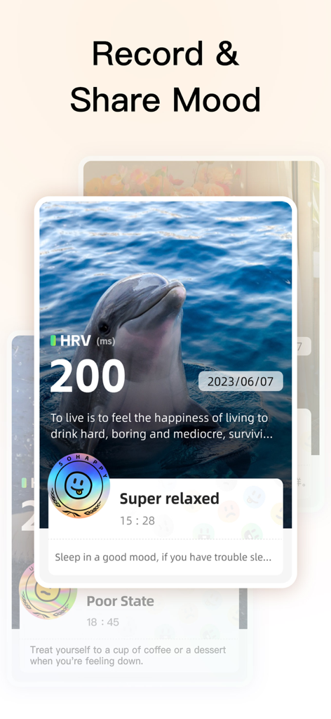 Destress Now - Stress Monitor - イルカの背景を持つ装飾的なムード共有カード。高いHRVスコアとリラックスした状態を示しています