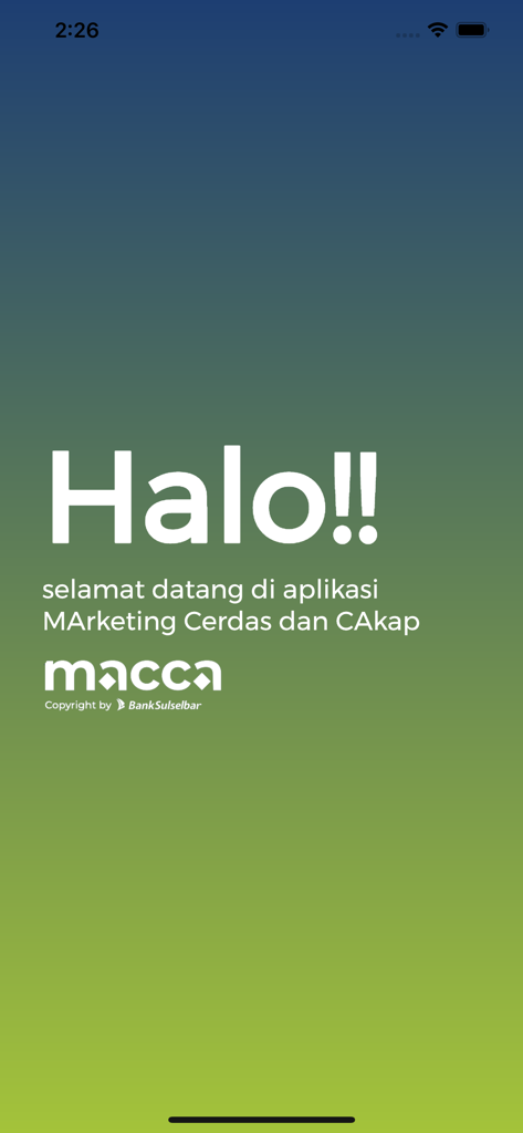 Macca Apps - Welcome splash screen of the Macca marketing app by Bank Sulselbar