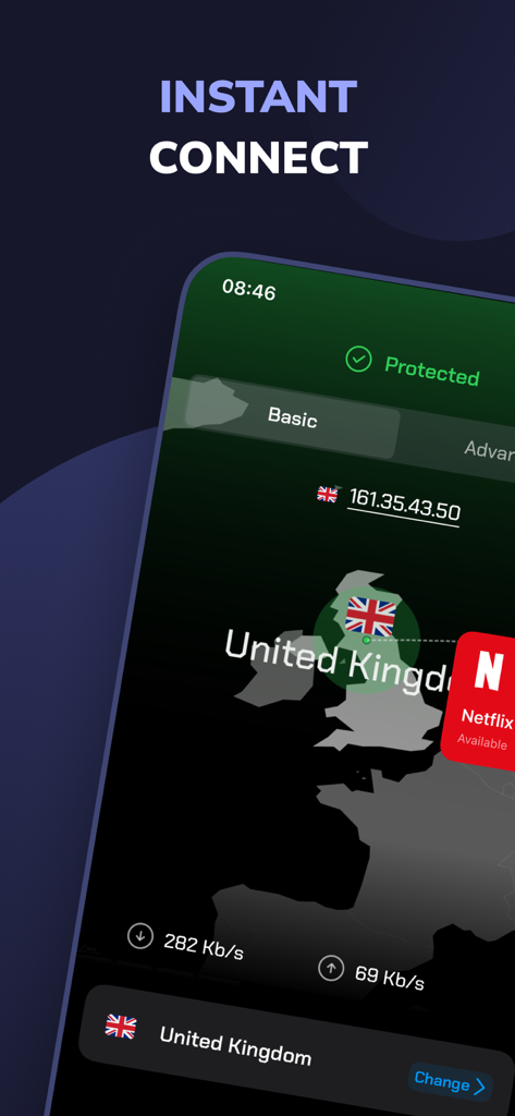 V2App: VPN Blockchain + VLESS - Panel de V2App que muestra una conexión VPN protegida a un servidor del Reino Unido con estadísticas de velocidad en tiempo real y disponibilidad de Netflix