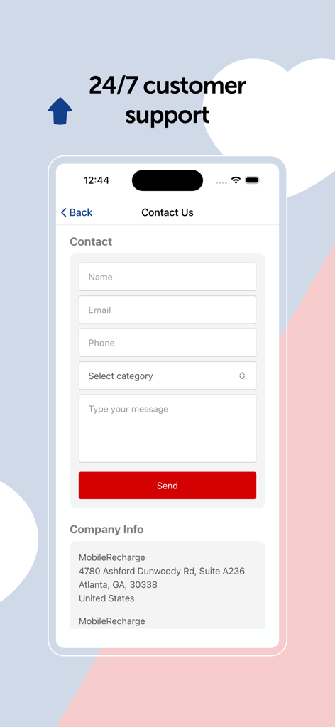 MobileRecharge: Top up mobiles - Pantalla de contacto de la aplicación MobileRecharge mostrando el formulario de soporte al cliente 24/7