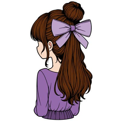 realistic girl  with hip length hair a bun and a big bow on the back of head