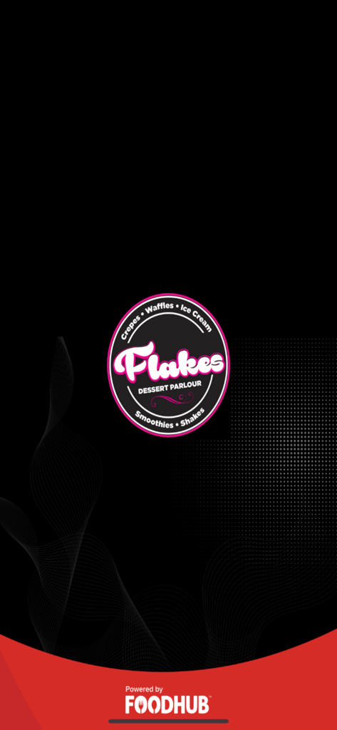 Flakes Diner - Tela de abertura do aplicativo móvel Flakes Diner and Dessert Parlour apresentando o logotipo da empresa e a marca Foodhub