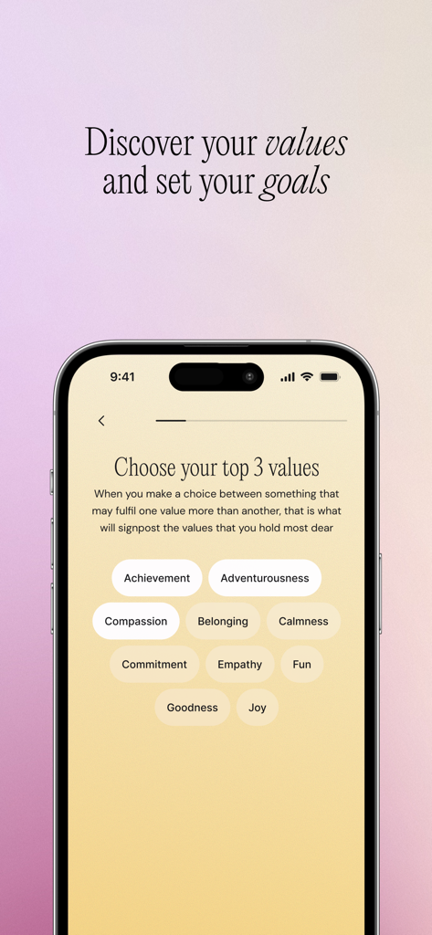 KIC Wellness app screen showing a list of values like compassion and calmness for goal setting