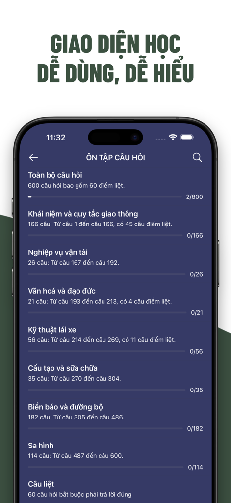 A smartphone screen displaying the study menu and question categories of the On Thi GPLX driving license exam app.
