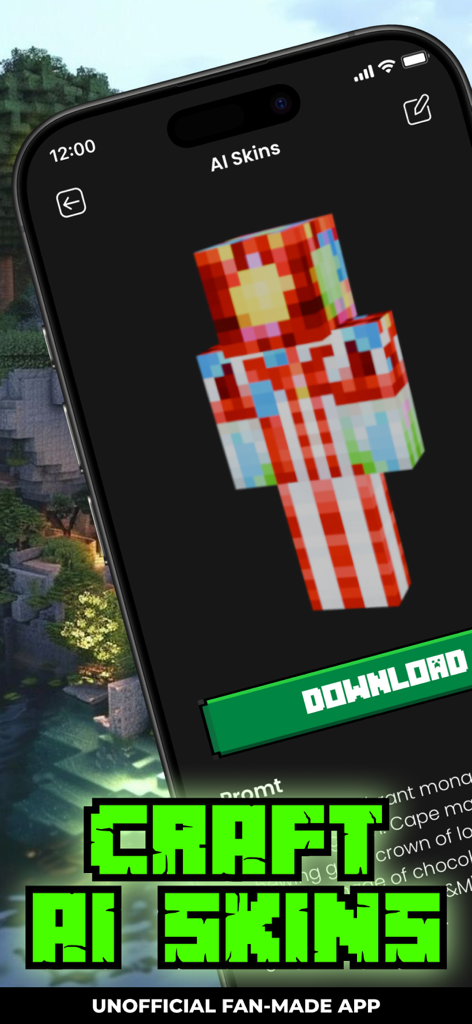 Interface showing custom AI generated skins for Minecraft Pocket Edition