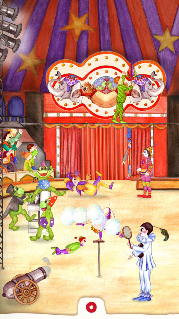 Animal Circus - Toddler's Seek & Find - Hand-drawn interactive circus scene with clowns, musical frogs, and a bubble balancer