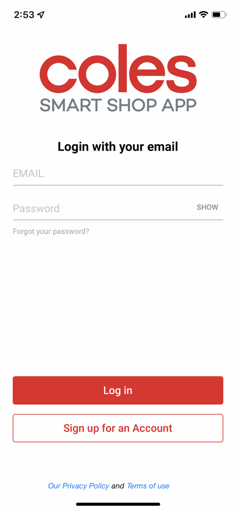 Coles sMart Shop - Login screen of the Coles sMart Shop app featuring email and password input fields and a sign up button