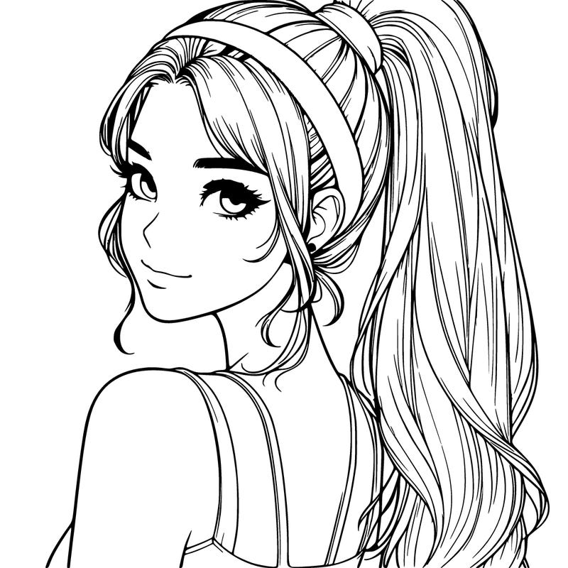 girl realistic looking over her shoulder with a high ponytail and a headband
