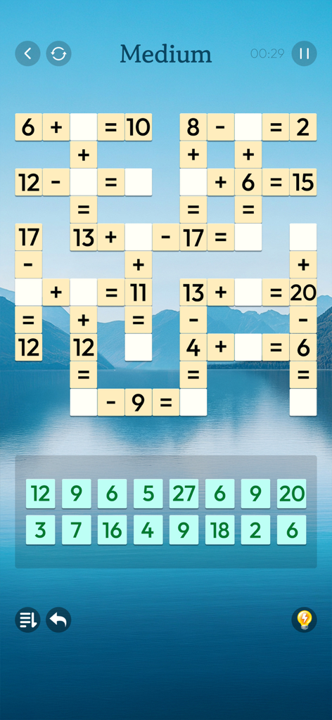 A math crossword puzzle interface with large numbers and a calming lake background