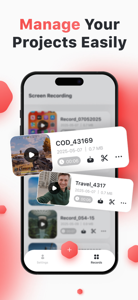 Screen Recorder: Record App.X - Screen Recorder app interface showing a list of saved video recordings for gaming and travel with editing options
