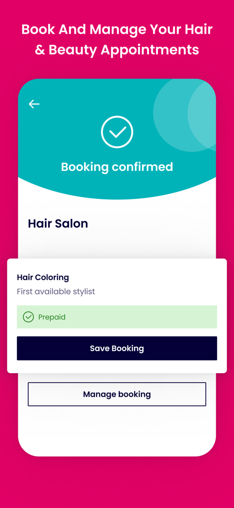 Belliata app screen showing a confirmed booking for a hair coloring service with prepaid status