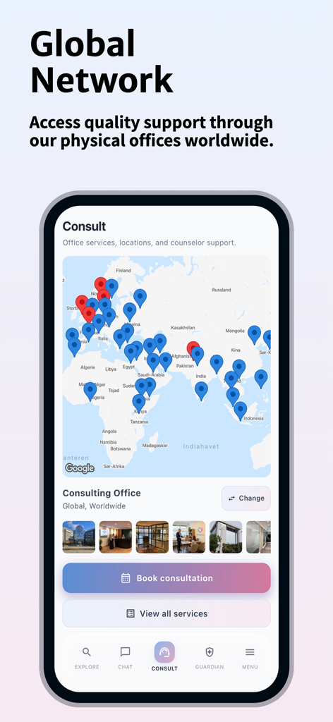 상담 사무실 위치를 보여주는 Marriage4Life 앱 인터페이스