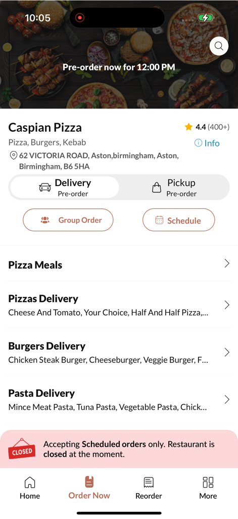 Caspian Pizza. - Caspian Pizza mobile App Bildschirm mit Lebensmittelkategorien wie Pizza, Burger und Pasta