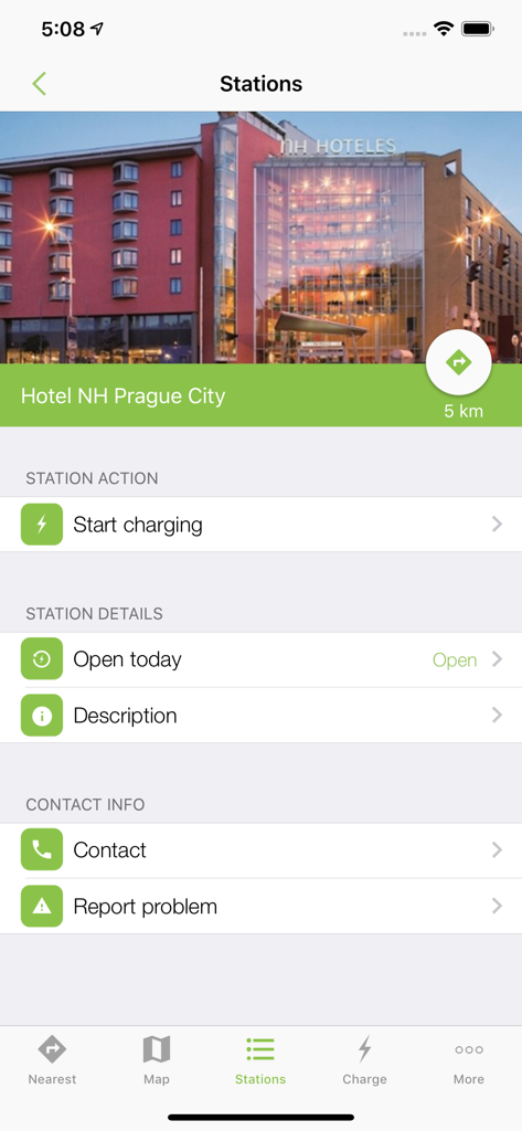 Polyfazer - Polyfazer app screen displaying EV charging station information for Hotel NH Prague City with options to start charging and view station details