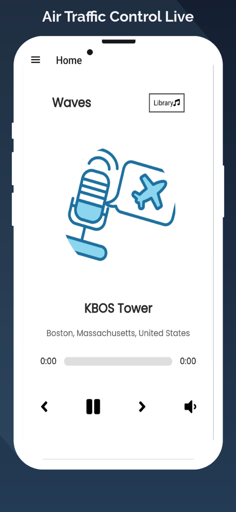 Interfaz de la aplicación Air Traffic Control Live mostrando la transmisión de audio para la Torre KBOS en Boston