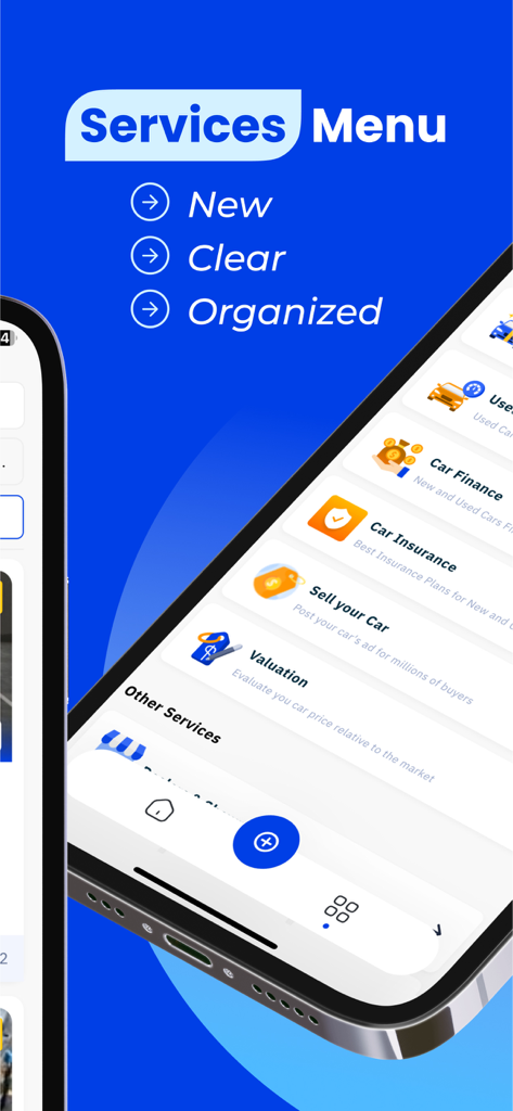 ContactCars: Buy & Sell Cars - 車のローン、保険、販売、評価のオプションを表示するContactCarsアプリのサービスメニュー。