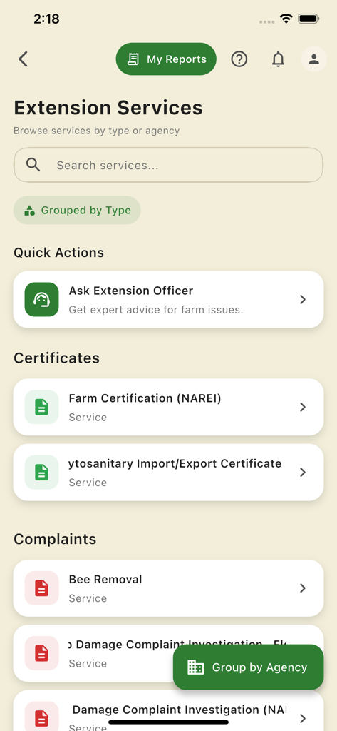 FarmersConnectGY - 전문가 조언, 농장 인증 및 서비스 불만 사항에 대한 옵션을 보여주는 FarmersConnectGY 앱의 확장 서비스 화면.