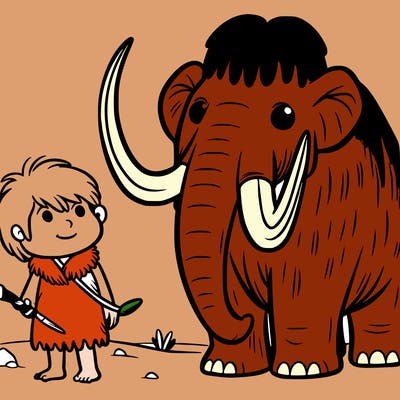 prehistoric child next to a mammoth