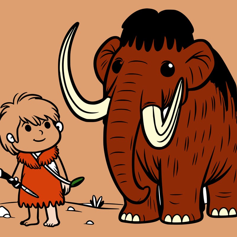 prehistoric child next to a mammoth