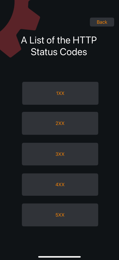 Developer-Tools - App screen displaying a list of HTTP status code categories from 1XX to 5XX