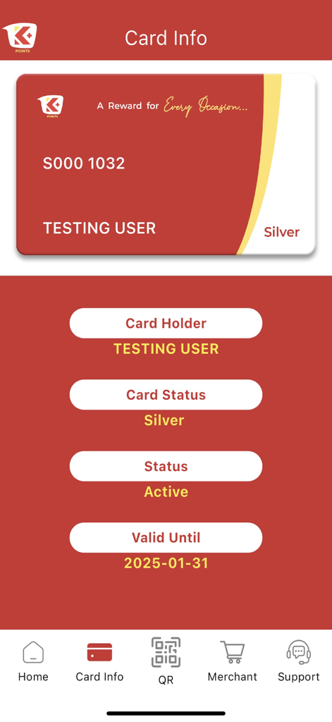 K+ Points - Pantalla de información de la tarjeta de fidelidad digital en la aplicación de compras K Plus Points
