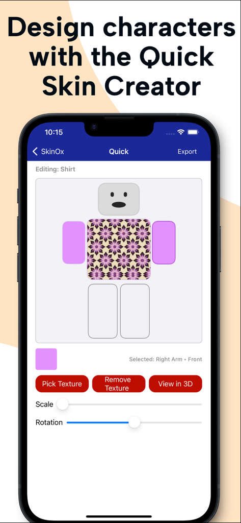 SkinOx - Create and Edit Skins - Interface of the SkinOx app Quick Skin Creator showing a blocky character being designed with textures and color tools on a mobile screen