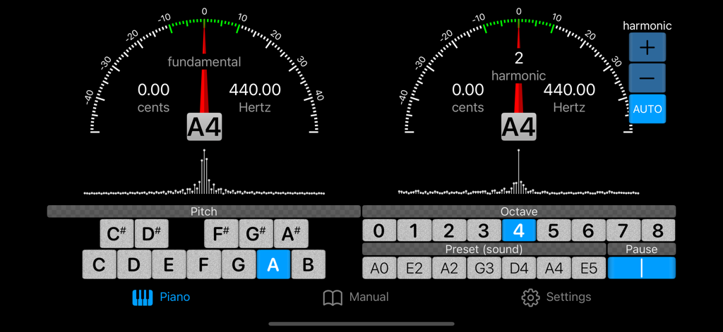 Piano Doctor - A Piano Tuner - Piano tuning app interface showing fundamental and harmonic gauges and spectrum viewers