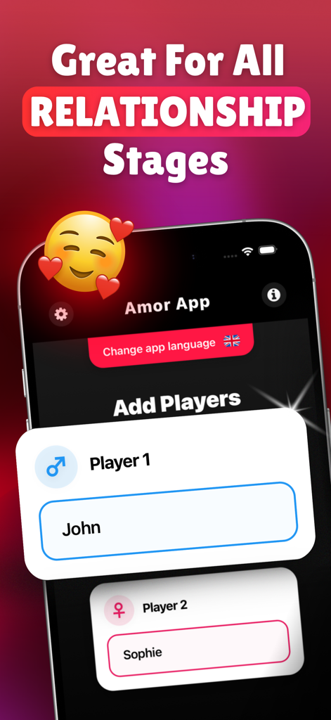 Amor - App for Couples - Setup screen of the Amor app for couples showing player name entry fields for two people.