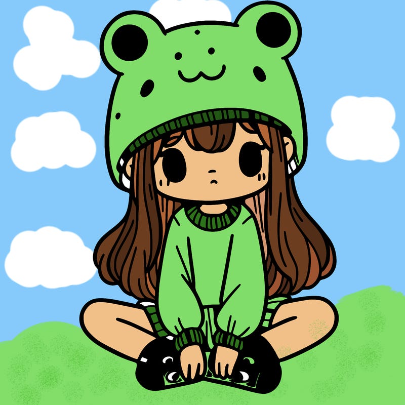 a girl wearing a frog hat and some frog socks