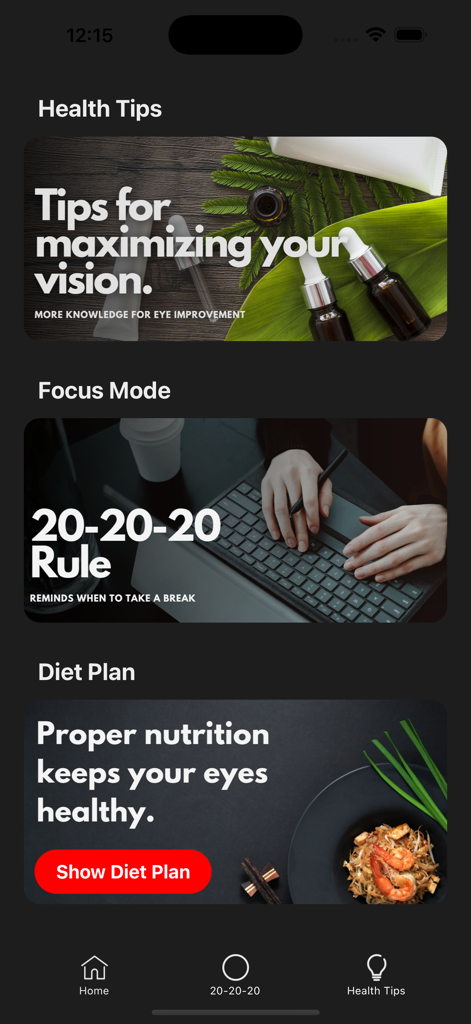 EyeX - Eye Care, Eye Exercises - EyeX app home screen displaying health tips focus mode with the 20-20-20 rule and an eye health diet plan