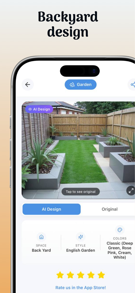 AI Room Design: Space AI - Rediseño de jardín trasero generado por IA que muestra un diseño de Jardín Inglés moderno con césped verde y macetas grises.