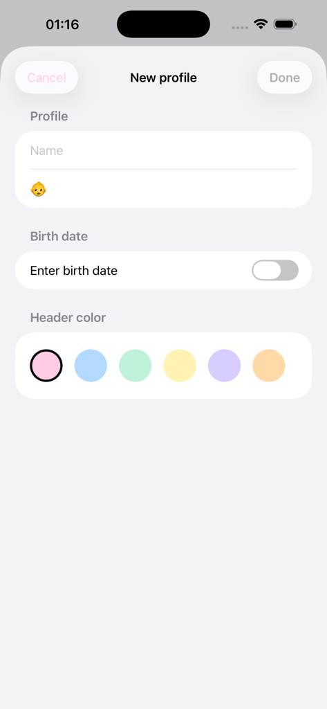 Baby Tracker - Feeding Log - New profile setup screen in the Baby Tracker app featuring birth date input and color theme selection
