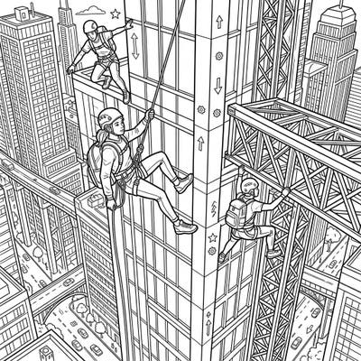 Dive into the thrilling world of urban climbing with this dynamic coloring page, perfect for teens who love adventure and intricate designs. Featuring daring climbers scaling city skyscrapers, it offers a unique and exciting artistic challenge.