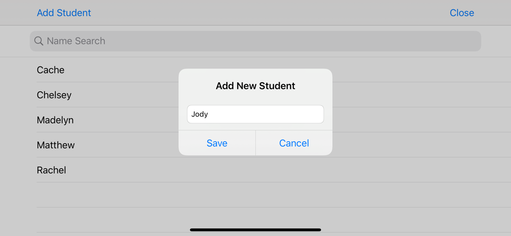 Fun Sight Words - Screenshot showing the add student screen with a list of names and a pop up to enter a new student profile